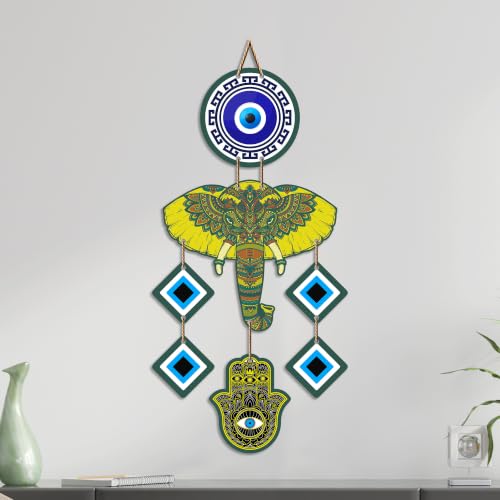 Image of Artvibes Colorful Elephant Evil Eye Wall Hanging for Home Entrance | Lucky Elephant MDF Nazar Battu Decor | Vastu Decorative Wall Art for Living Room | Bedroom | Balcony | Gift Item (WH 8550N)