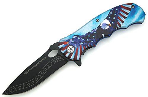 Snake Eye Tactical " Freedom, Liberty, Justice American Flag, Bald Eagle Aluminum Handle Assisted Opening Pocket Knife Self Defense Everyday Carry - Snake Eye Tactical