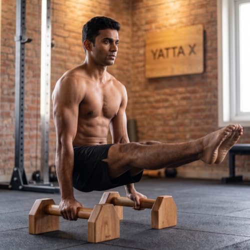 Image of YATTA-X Handcrafted Mahogany Wooden Parallettes for Calisthenics | Large Size Strong Push up Bar for Home | Turned Wooden Push up Stand & Grip Supports | For Men and Women | 34 cm x 12 cm