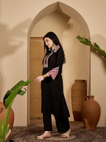 Image of Stylum Women's Solid & Embroidered Rayon A-Line Kurta Pant Set