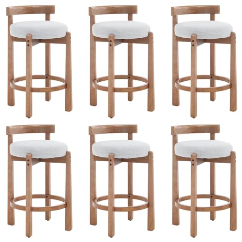 Image of CIMOTA 26.5 inch Counter Height Bar Stools Set of 6, Mid Century Modern Low Back Bar Chairs with Solid Wood Legs & Linen Upholstered Seat, Kitchen Island Stools, Light Grey