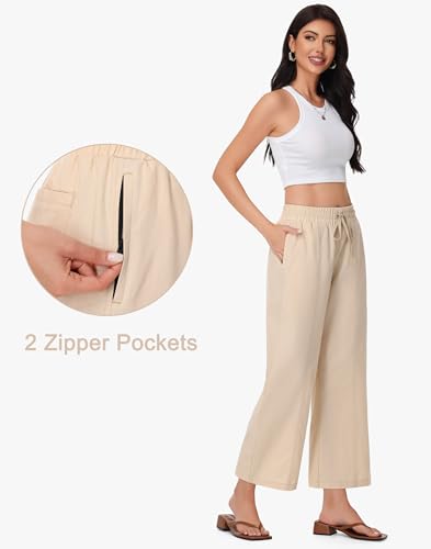 Cotton Linen Cropped Pants for Women - Wide Leg High Waist Capri Pant Casual Beach Summer Pull On with Zip Pockets2