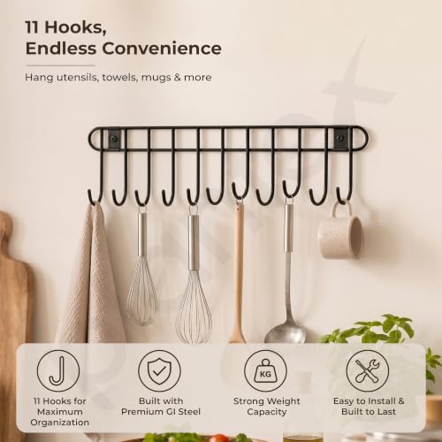 Image of Plantex Hook Rail /GI Steel Hooks for Wall Without Drilling /Self Adhesive Hook Rail for Clothes /Towel - Pack of 1 (11 Hooks, Black)