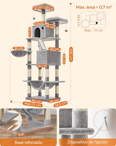 Miniatura 6 de Feandrea Rascador Para Gatos Grandes, Árbol Para Gatos Grandes, 206 Cm De Altura Con 13 Postes, 2 Plataformas, 2 Cuevas, Cesta, Hamaca, Pompón, Multinivel, Gris Claro Pct190w01