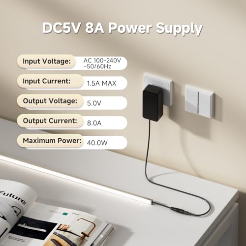 Image of BTF-LIGHTING 5V 8A 40W Power Supply Adapter ETL Listed 100-240V AC to 5V DC Converter Class 2 Power Supply, 5.5x2.1mm Jack for for Low Voltage LED Strip Lights, CCTV, Router, Electronics