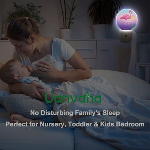 Image of Tropical Night Light Flamingo Walking by Lake Sunset Jungle LED Dusk to Dawn Plug-in Nightlight Auto Sensor for Bedroom Bathroom Hallway Living Room