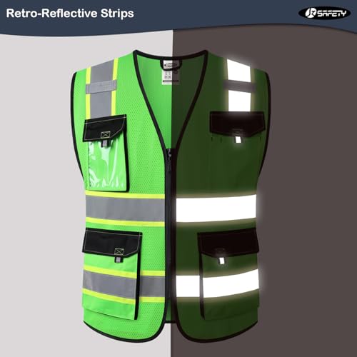 Image of JKSafety Hi Vis Reflective Safety Vests for Men Women High Visibility Vest with Pockets Mesh Fabric Construction Safety Apparel Neon Vest for Work (220-Green XL)