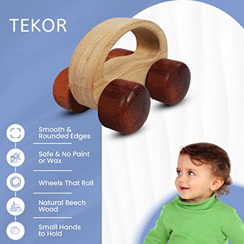 Tekor Wooden Teether Car - Natural Birch Wood Teething Toy For Baby, Toddler Montessori Toy - Easy Grasping For Motor Development Sensory Skills, Handcrafted, Smooth, No Rough Edges (Colored Wheels) #TOP3