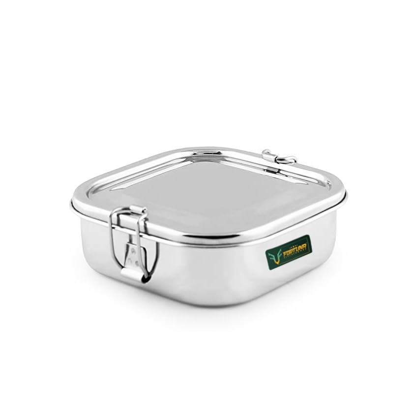 FORTUNA KITCHENWARE Stainless Steel Tiffin Box for Kids | Stainless Steel Lunch Box for Kids & Office | Steel Seperator Plate & Locking Clip | Kids Friendly Lid, Rectangle Shape (Square, Medium)