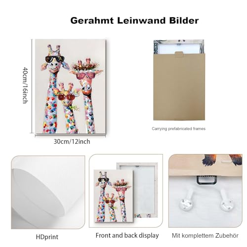 Leinwand Bilder Wandbild 30x40 cm mit Rahmen – Bunte Giraffen im -Design, Kunstdruck auf Leinwand, Ideal für Wohnzimmer, Schlafzimmer oder Kinderzimmer, Mit fixierten Haken und ohne Spuren Nägeln