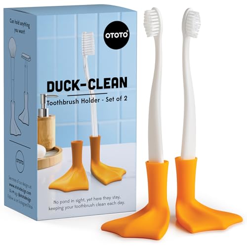 OTOTO Clean Duck Zahnbürstenhalter 2er-Set – Lustige Entenfüße Badezimmer-Organizer mit Saugnapf – Wichtelgeschenke für Erwachsene – Make-up-Pinselhalter & Bad-Accessoires – Gelb