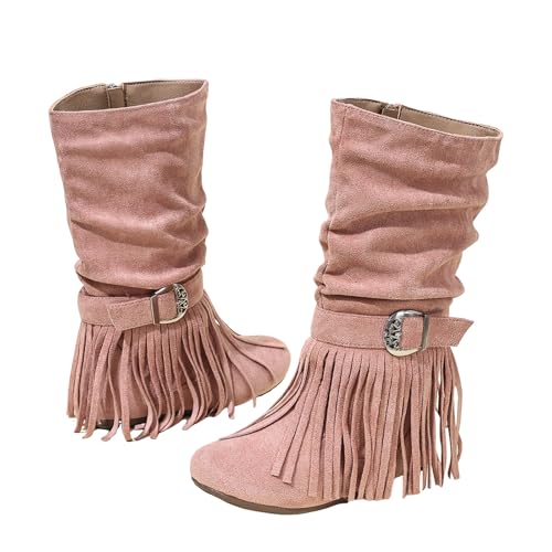 Girls Mid Calf Boots with Tassel, Fringe Cowgirl Boots, Round Toe, Non Slip Outsole, Kids Western Boots Stylish Comfortable for All-Seasons
