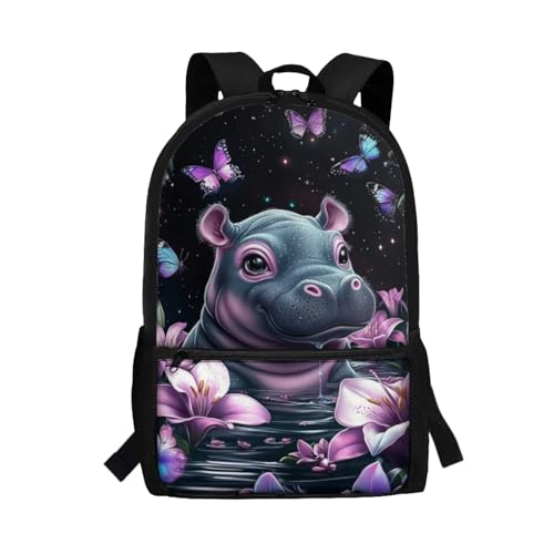 Hippo Backpack for School Kids 17 Inch Backpack for Primary School Boys Lightweight Durable Bookbag Teen Kids Cute Puppy Schoolbag Back Pack