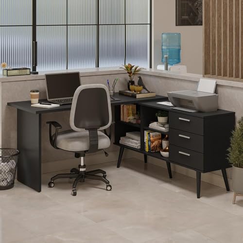 Mesa de Escritório em L 3 Gavetas Preto Lisboa Madesa