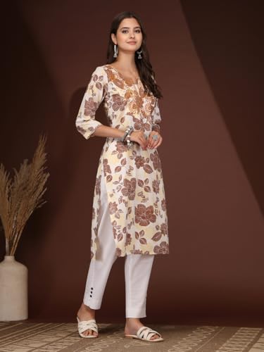 Image of Women Cotton Floral Printed Casual Straight Embroidery Kurta | Formal Kurti for Women