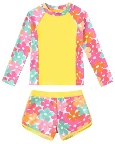 Image of Girls Rash Guard Long Sleeve Swimsuit 2 Piece Bathing Suit UPF 50+ Summer Beach Swimwear for Girl 5-14 Years
