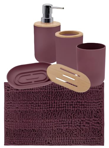 Set da Bagno Completo Bordeaux - Dispenser, Portaspazzolino, Bicchiere, Portasaponetta e Tappeto Coordinato