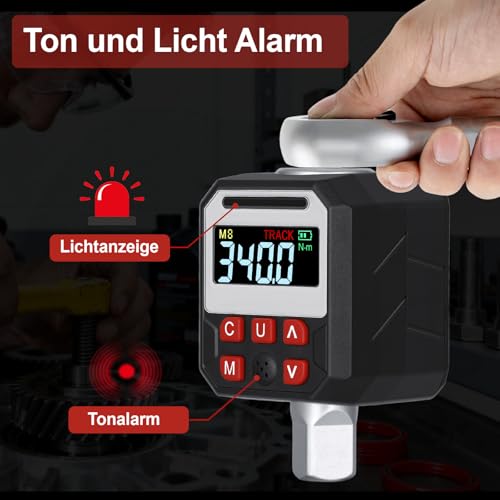 HISUEKIG Digitaler Drehmomentadapter, 1/2 Zoll Digital Drehmomentschlüssel mit ±2% Genauigkeit, Voreingestellter, LED Anzeige, Summer, 3/8\ und 1/4\ Adapter für Fahrrad, Motorrad, Auto (17-340Nm)