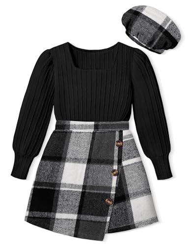 Image of AGAPENG Girl Skirt Sets 3 Piece Outfits Square Neck Jacquard Puff Sleeve Tops Plaid Mini Skirt Shorts Fall Winter Clothes