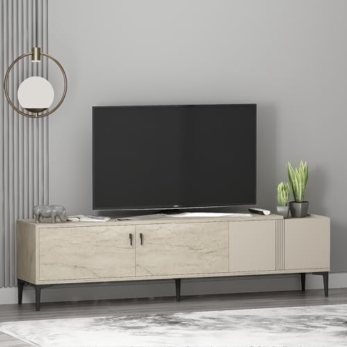 Homidea Modena Meuble TV bas de 180 cm avec portes et espace de rangement, meuble TV au design scandinave pour salon (beige travertin)