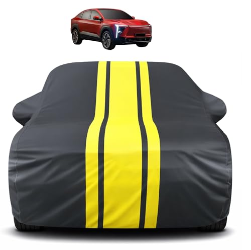 Image of Auto Hub Car Cover Compatible with Mahindra XEV 9e EV with Mirror Pocket, Soft Cotton Lining, XEV 9e Car Cover Waterproof - Yellow-Black