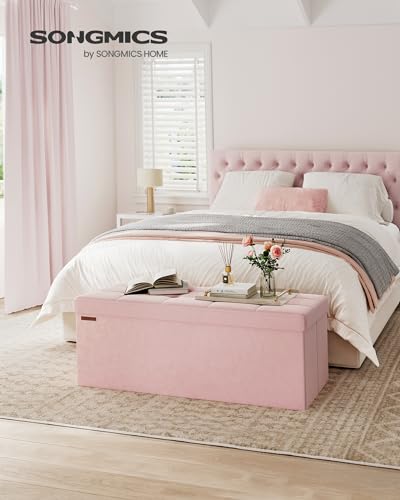SONGMICS Sitzhocker mit Stauraum, klappbare Sitzbank, 38 x 110 x 38 cm Fußbank, Aufbewahrungsbox, bis 300 kg belastbar, für Wohnzimmer Schlafzimmer Flur, pastellrosa LSF277R01