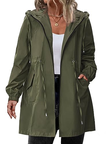 IN'VOLAND Damen Regenjacke Übergröße Langer Regenmantel Leichte Kapuze Windbreaker Wasserdichte Jacken mit Taschen, Grün (Army Green), 54 Große Größen