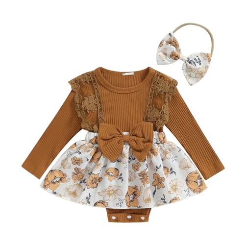 Image of CIYCUIT Baby Girl Fall Winter Outfits Floral Romper Dress Ruffle Long Sleeve Clothes with Bow Headband