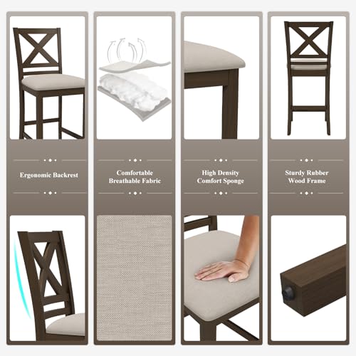 Image of COLAMY Upholstered Counter Height Bar Stools Set of 2, Modern Kitchen Island Barstools Chairs with Cross Back and Wood Legs for Dining Room Bar, Brown Black