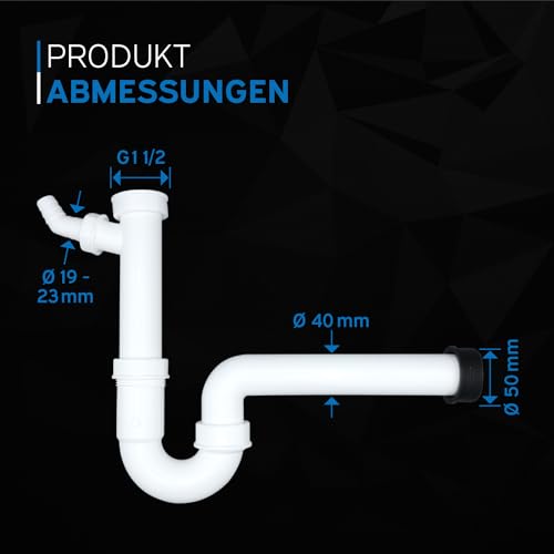 kör4u Kunststoff Siphon, 1 1/2 Zoll x 40/50 mm, Röhrengeruchverschluss für Spültisch, mit Maschinenanschluss, Gummimanschette, Abflussrohr