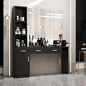 Paddie Barber Salon Station Wall Mount Hair Styling Salon Equipment Set Beauty Spa Furniture Set, Lockable Left Shelf, Mirror not Included(Black)