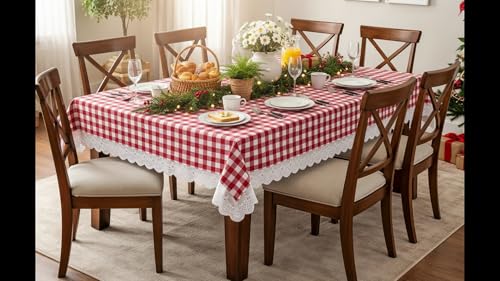 Image of Amazon Brand - Umi Cotton Tablecloth for 6-8 Seater Dining Table, Red and White Gingham Check Rectangular Table Cover with Lace Trim 4 Corners, Classic Picnic Farmhouse Style Washable Table Linen