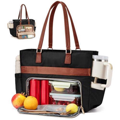 Image of LOVEVOOK Lunch Tote Bag for Women, Work Bag with Insulated Lunch Compartment 15.6 Inch Laptop Bag with Cup Holder Large Lunch Bag for Teacher, Nurse, Office, Travel, College, Daily