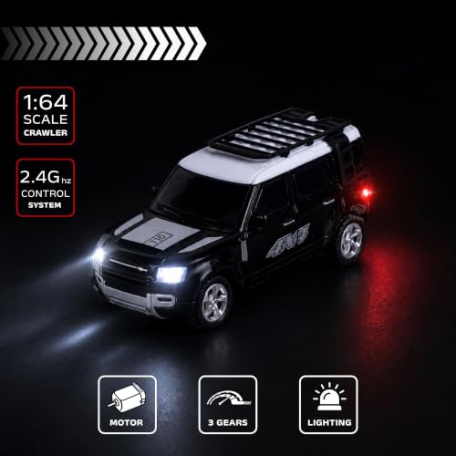 Image of 1:64 Scale RC 4x4 SUV Alloy Die-Cast Remote Control Car - 2.4GHz Rechargeable Off-Road Crawler with LED Lights | Roof Rack Spare Tire for Kids 6+ Years (Black)
