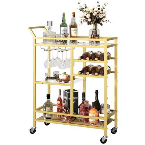 MAHANCRIS Bar Cart for Home, 3-Tier Serving Cart with Glass Top, Beverage Cart with Wine Rack and...