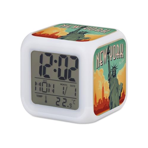 Fabulous Réveil Cube Lumineux Blanc - New York USA Affiche Poster Vintage Voyage Art Deco 30's - 7,8 x 7,8 x 7,8 cm - Retro Éclairage Multicolore LED