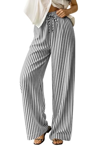 LYHIPSS Striped Pants Women Lounge Spring Summer Wide Leg Palazzo Beach Pants Outfit Casual PJ Bottoms Black White Stripe M