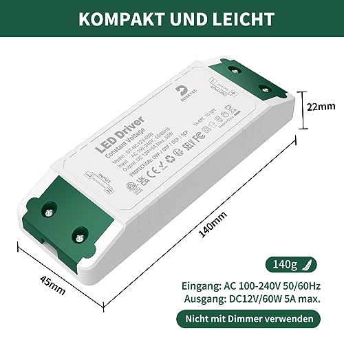 LED Trafo 230V auf 12V 60W, 5A LED Transformator Treiber Netzteil AC/DC Konstantspannungs, Niedervolttrafo Schaltnetzteil LED Driver Power Supply für MR16 GU5.3 MR11 G4 Lampen Strip, DUSKTEC