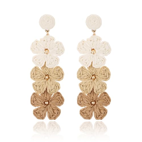 Raffia Flower Earrings, Raffia Straw Wrapped Flower Drop Dangle Earrings Summer Tropical Beach Jewelry