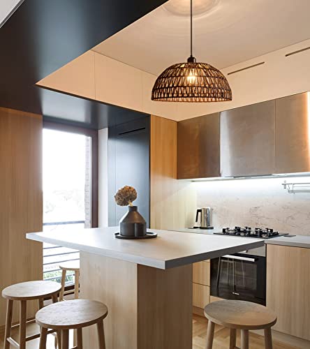 Meixisue Brown Rope Woven Boho Pendant Light,Rattan Wicker Hanging Ceiling Light Fixtures For Kitchen Island Dining Room Restaurant Craft Room,Led Bulb Included Ul Listed #TOP2