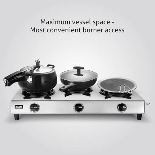 Image of Glen 3 Burner Stainless Steel LPG Gas Stove with 1 Jumbo Brass Burner | ISI Certified | Manual Ignition | Heavy Duty Pan Support | 2 Year Standard Warranty | 1031XLHF