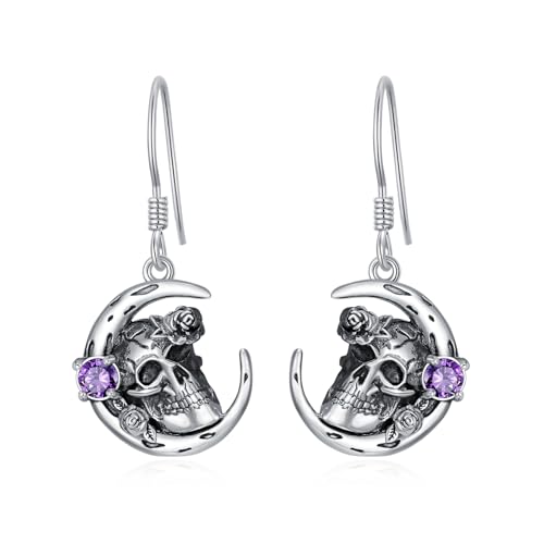Amethyst Skull Dangle Earrings Sterling Silver for Women, Gothic Rose and Skull Moon Earrings Halloween Jewelry Christmas Birthday Gifts