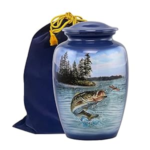 Bass Fishing Urn – Bass Fish Cremation Urn for Ashes – Adult Fishing Urn – Handcrafted Adult Bass Fish Funeral Urn – Fishing Memorial Urn with Velvet Bag (Large), Blue (BU-L)
