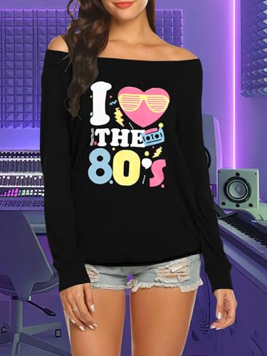 Women 80s Shirts 80's Off The Shoulder Party Tops 1980S Womens Disco Graphic Outfits Oversized Long Sleeve Tee Casual Costume Themed Tshirts3