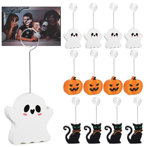 Whaline 12 Pcs Halloween Wooden Place Card Holders Ghost Pumpkin Black Cat Table...