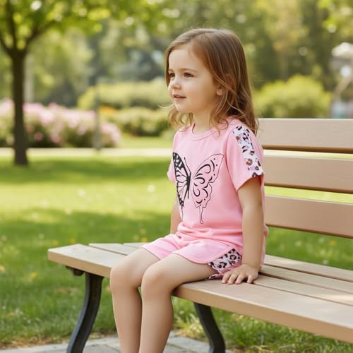 Image of Toddler Girl Clothes Kids Summer Outfits Short Sleeve Leopard-Print T-Shirt and Shorts 2 Piece Set 2-8 Years