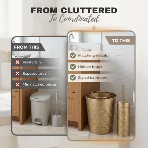 Image of Autumn Alley Farmhouse Antique Gold Bathroom Accessories Set - Includes Gold Bathroom Trash Can & Toilet Brush with Holder, Handcrafted Modern Waste Bin & Standing Toilet Brush, Embossed Metal Decor