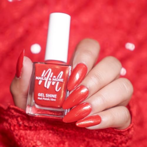 Image of Nails & More Red Metallic Nail Polish, Argan Oil-Infused Gel Shine, Shiny Red Nails, High-Impact Color | 10ml