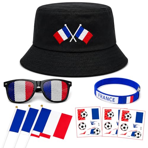 AHEZQILU Kit Supporter France Complet 9 Pièces - Chapeau de pêcheur Brodé, 3 Drapeau Français À Main, Lunettes Fan, 3 Planches Stickers & Bracelet – Idéal Pour La Große Fußball-Event 2026