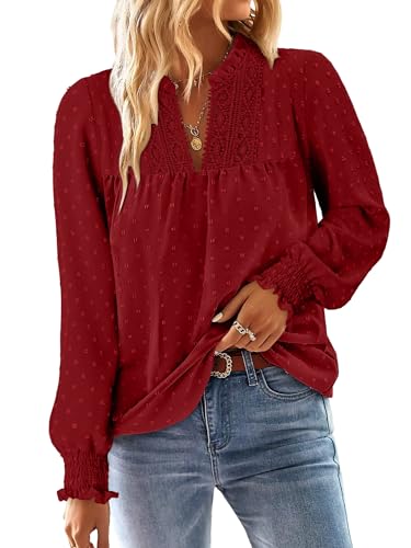 BETTE BOUTIK Women Boho Long Sleeve Shirts Dressy Casual V Neck Fall Fashion Tops Swiss Dot Flowy Blouses